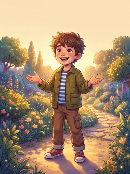 Milo's poster page, a full-figure illustration set in a garden